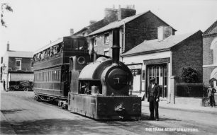 The tram at Plough corner, Wolverton Road in Stony Stratford