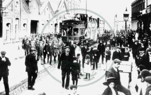 Workers and the tram at Wolverton Railway Works c1905