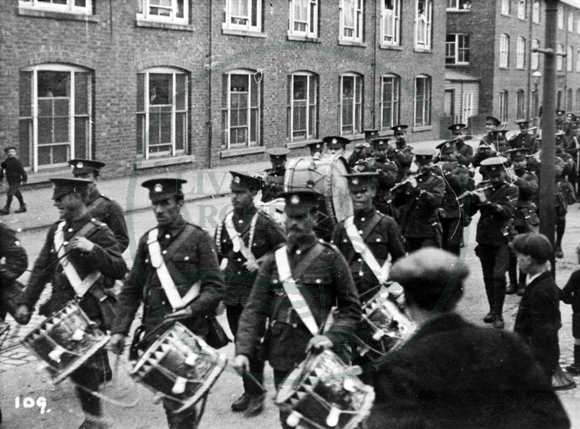 Military band parade through Wolverton prior to 1913 Army Manoeuvres