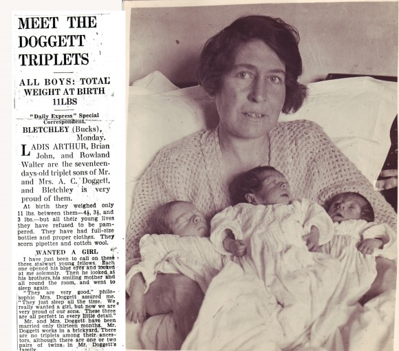 Newspaper clipping and photo of triplets with mother