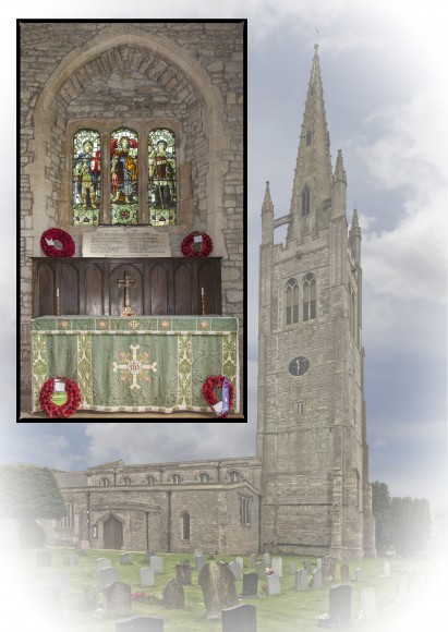 St James Church, Hanslope with insert, the village War Memorial, the Soldiers' Chapel