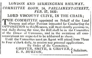Northampton Mercury - Announcement of London Birmingham Railway meeting (1832).