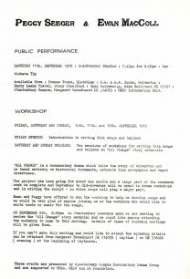 Notice of workshops and a public performance held by Ewan MacColl and Peggy Seeger at Stantonbury Campus (1976).