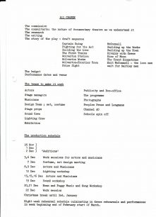 List showing production outline. Tasks, draft sequence, teams and production schedule (1976).