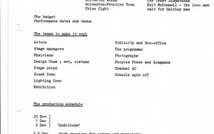 List showing production outline. Tasks, draft sequence, teams and production schedule (1976).