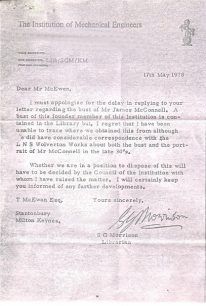 Letter from S.G. Morrison in reply to to Mr McEwan's letter regarding the bust of James McConnell (1978).