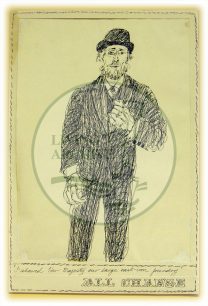 Character sketch by Eugene Fisk from 'All Change' dress rehearsal for the official opening of Milton Keynes Central railway station (1982).