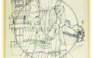 Character sketch by Eugene Fisk from 'All Change' dress rehearsal, titled '...in her proper station' (1982).