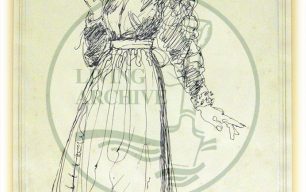 Character sketch by Eugene Fisk from 'All Change' dress rehearsal, titled '...a matron to guard her reputation' (1982).