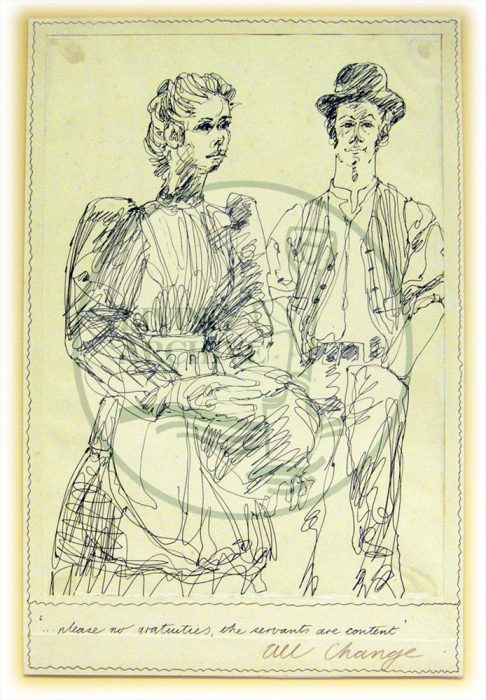 Dress rehearsal sketch male and female 'servants' by Eugene Fisk (1982).