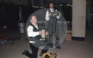 Photograph of Brad Bradstock and Bob Shakeshaft playing accordions at the 'All Change' rehearsal (1982).