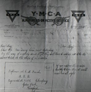 Photograph of letter on YMCA notepaper from Albert French