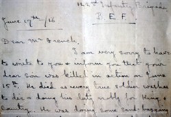 Photograph of passage from a letter about the death of Albert French dated June 1916