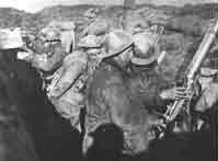 Three black and white photographs showing soldiers in various positions in trenches.