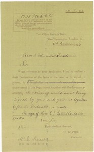 Post Office Savings Bank draft declaration form No 244 dated 23rd October 1916