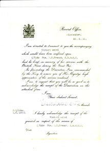 Official letter from the Record Office, Winchester dated 10th May 1921 sent with a Victory Medal