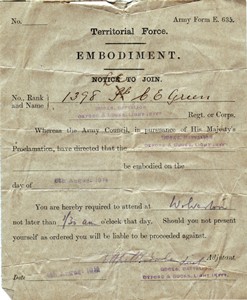 Notice to Join from Buckinghamshire Battalion, Oxfordshire & Buckinghamshire Light Infantry