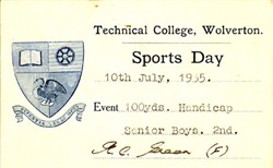 Sports Day Card from Technical College, Wolverton. 100 Yards. Handicap. Senior Boys