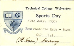 Sports Day Card from Technical College, Wolverton. Obstacle Race - Boys