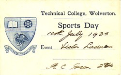 Sports Day Card from Technical College, Wolverton. Victor Ladorem