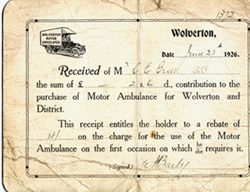 Contribution Receipt to C E Green from Wolverton Motor Ambulance