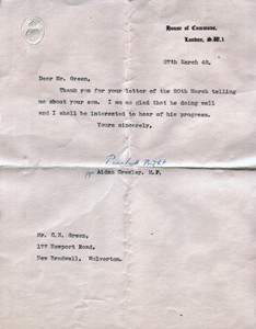 Letter from the House of Commons to C E Green