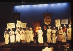 Slide of a group of women with placards and union members with banners.