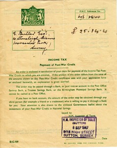 HM Income Tax Letter Payment of Post-War Credit