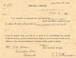 Memorandum accompanying 1914-1915 Star awarded to E H Owen