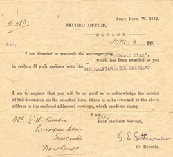 Memorandum accompanying 1914-1915 Star awarded to E H Owen