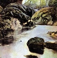 Illustrated postcard "Bridge over rocky river"