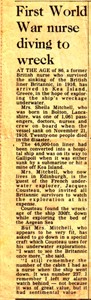 Newspaper article on a First World War nurse diving to HMS Britannic