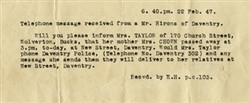 Typed telephone note from Mr. Hirons.