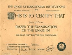 The Union of Educational Institutions certificate 1923.