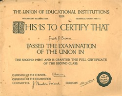 The Union of Educational Institutions certificate 1924.
