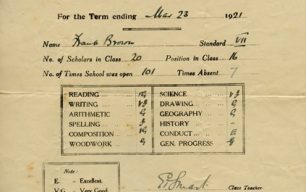 School report to Parents, March 1921.