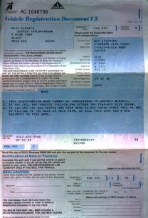 Vehicle registration document.