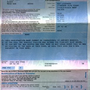 Vehicle registration document.