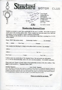Standard Motor Club membership renewal form.