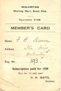 Wolverton working Men's Social Club Member's card.