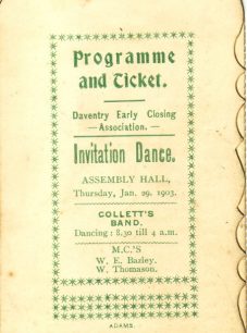 Daventry Early Closing Association Invitation Dance Card.