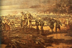 Slide of a painting of soldiers being carried and assisted