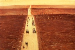 Slide of a painting with a road going down the centre of the scene