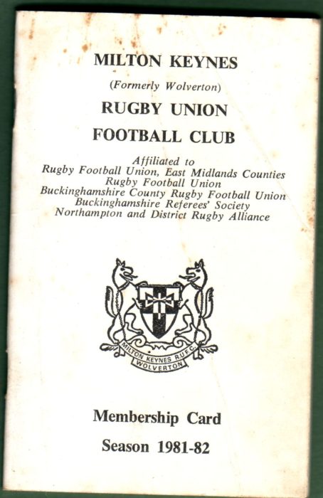Milton Keynes Rugby Union Football Club Membership Card 1981-1982