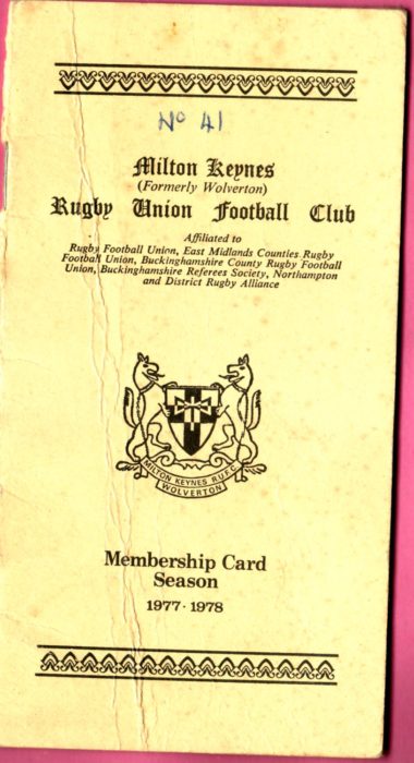 Milton Keynes Rugby Union Football Club Membership Card 1977-1978