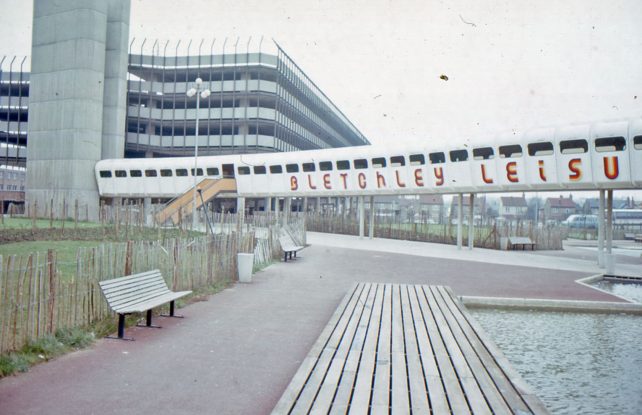The multi-storey car park and walkway to Bletchley leisure centre