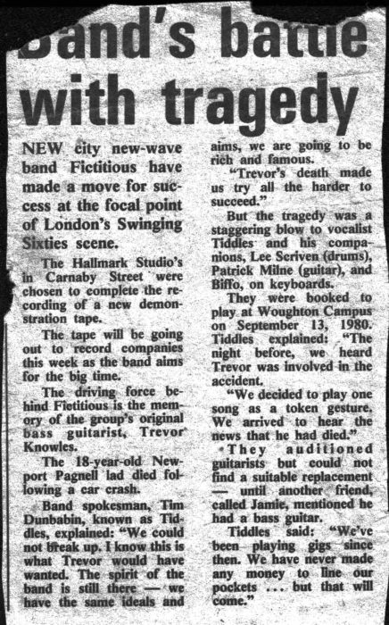 Newspaper article about the band Fictitious battling with tragedy