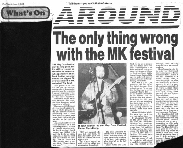 Newspaper article reviewing the three-day May Daze Festival in 1991.