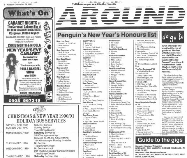 Newspaper articles: upcoming gigs, The Penguin's best everythings of 1990