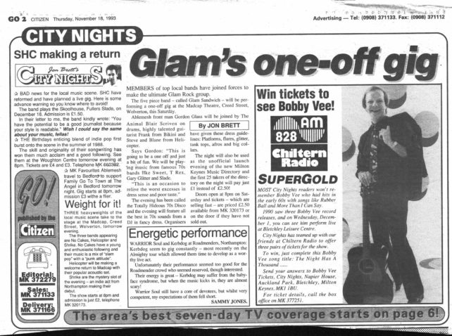 Newspaper articles re Glam Sandwich, MK Music Directory, SHC, upcoming gigs